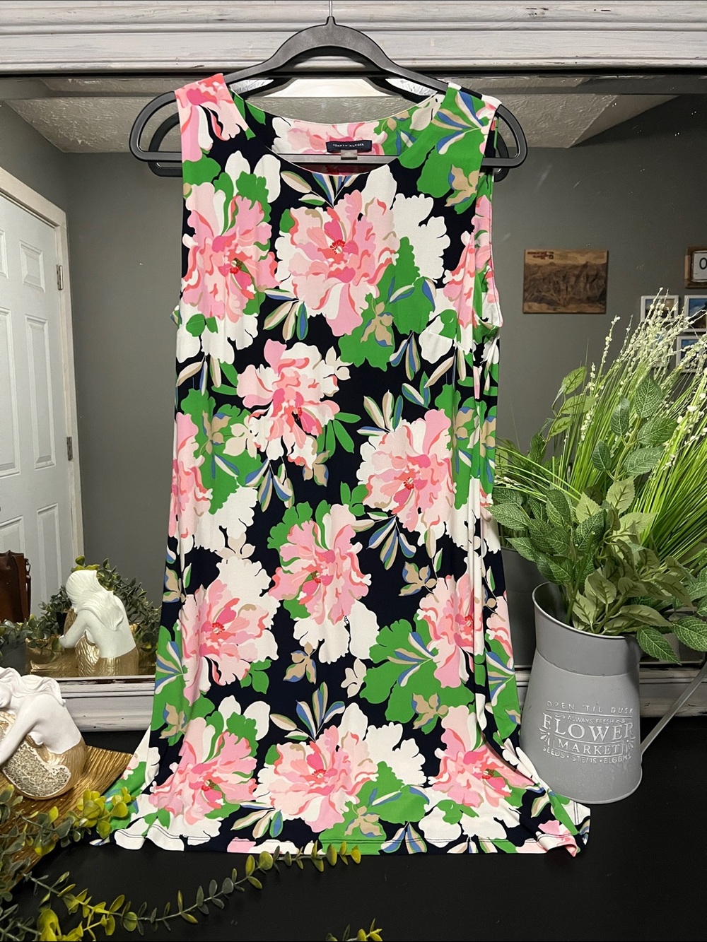 Tommy Hilfiger Navy Floral Sleeveless Shift Dress with Pink & Green Blooms